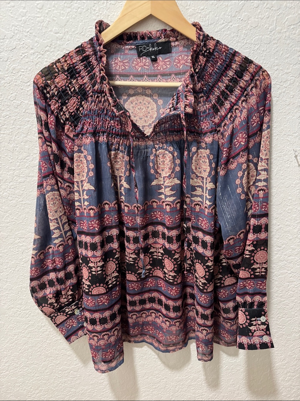 RD Style Blue and Pink Printed Boho Smocked Blouse